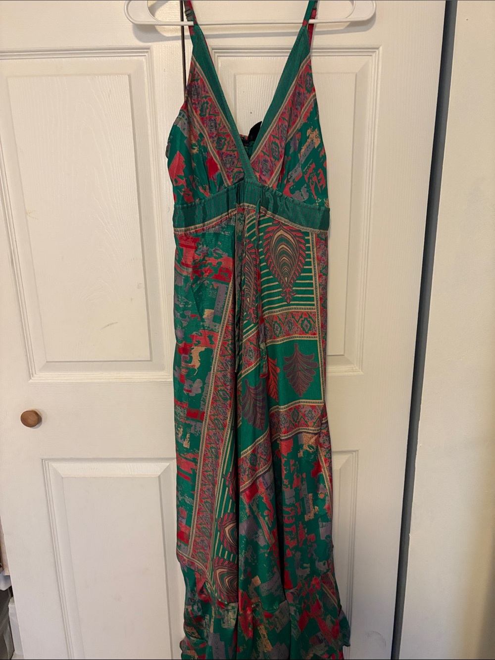 Green Red Printed V-Neck Maxi Dress